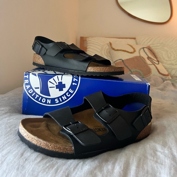 Brand New Birkenstock MILANO BIRKO FLOR BLACK SANDALS - Picture 1 of 3